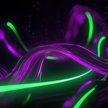 abstract futuristic background with green purple glowing neon moving high speed wave lines and bokeh lights. Data transfer concept Fantastic wallpaper, Ai Generativeの素材