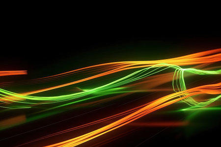 abstract futuristic background with orange green glowing neon moving high speed wave lines and bokeh lights. Data transfer concept Fantastic wallpaper, Ai Generativeの素材