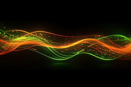 abstract futuristic background with orange green glowing neon moving high speed wave lines and bokeh lights. Data transfer concept Fantastic wallpaper, Ai Generativeの素材