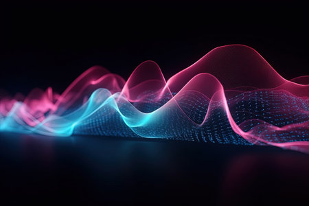 abstract futuristic background with pink blue glowing neon moving high speed wave lines and bokeh lights. Data transfer concept Fantastic wallpaper, Ai Generativeの素材