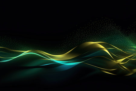 abstract futuristic background with gold green blue glowing neon moving high speed wave lines and bokeh lights. Data transfer concept Fantastic wallpaper, Ai Generativeの素材