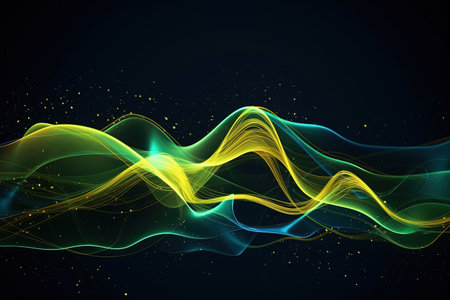 abstract futuristic background with gold green blue glowing neon moving high speed wave lines and bokeh lights. Data transfer concept Fantastic wallpaper, Ai Generativeの素材