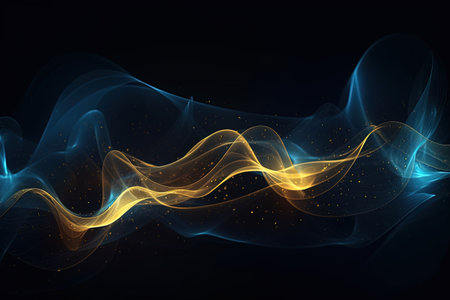 abstract futuristic background with gold blue glowing neon moving high speed wave lines and bokeh lights. Data transfer concept Fantastic wallpaper, Ai Generativeの素材