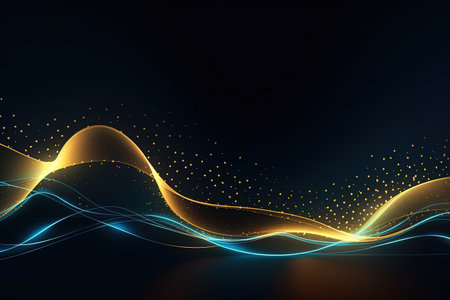 abstract futuristic background with gold blue glowing neon moving high speed wave lines and bokeh lights. Data transfer concept Fantastic wallpaper, Ai Generativeの素材