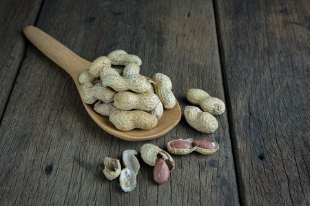 Peanuts are placed on old wooden floor.の写真素材