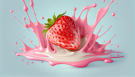 Strawberry falling into pink milk or yogurt splash, 3d illustration.の素材