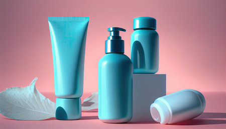 natural cosmetic blank bottle packaging in Abstract blue background beauty and spa concept,3d rendering.の素材