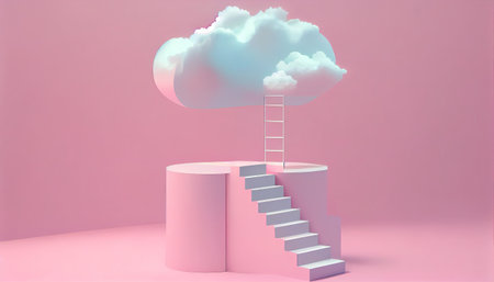 Abstract pastel pink color display Minimal background, Stair With Cloud on podium.の素材