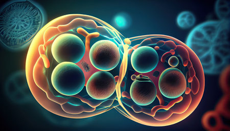 Human Cell Division under a microscope. Cellular Therapy. 3d illustration science and medical background.の素材