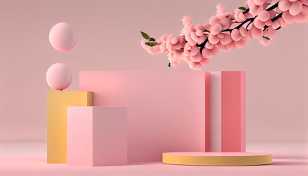 minimal abstract background, podium display with pink cherry bossom background for product presentation. 3d rendering.の素材