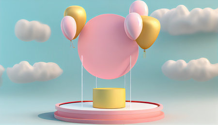 Pastel Round podium with Balloon, pedestal or platform, background for cosmetic product presentationの素材