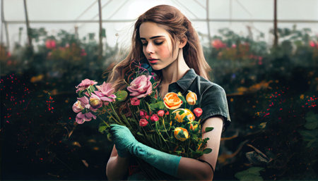 Beautiful gardener woman holding bouquet of flowers and it smells.の素材