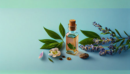 lavender essential oil bottle with fresh green plant leaves and flowers and walnuts on blue background concept natural ingredients top view and copy space flat layの素材