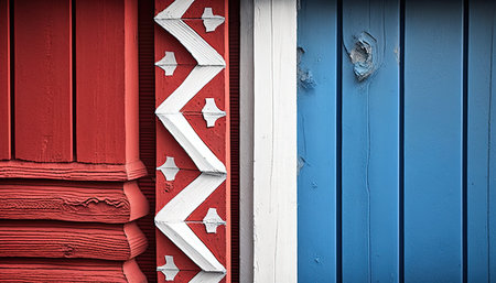 Traditional Scandinavian wooden architecture detail, red, blue and white painted wood wallの素材