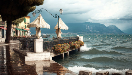 Stormy Garda lake with promenade and closed restaurant in Torri del Benaco, Italyの素材