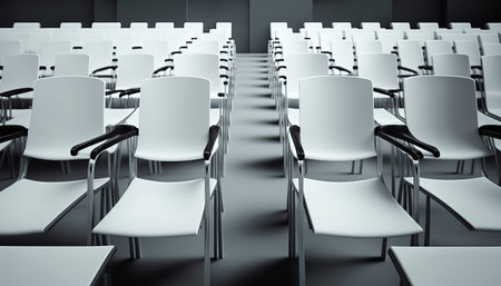 Rows of empty white modern chairs in a conference roomの素材