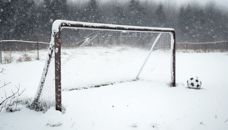 Soccer goal covered with snowの素材