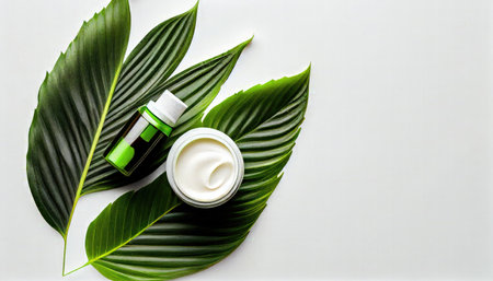natural organic beauty product concept with green leaf cream and essential oil on white background spa skin care body treatment top view flat layの素材