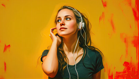 Portrait of a beautiful girl holding a cell phone, and listen to music in the headphones over a yellow backgroundの素材