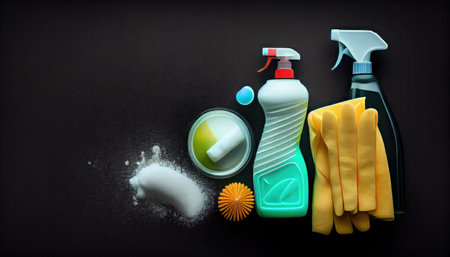 House cleaning and housekeeping concept. Cleaning supplies on black background. Cleaner detergent bottle, rag, sponge, rubber gloves. Top view and copy space Flatの素材