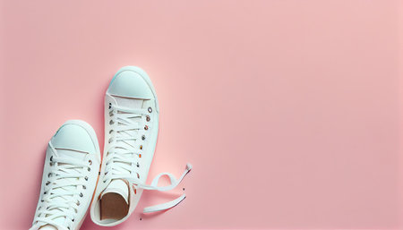 Sneakers white over pastel pink background with top view and copy space. A fashionable but also sporty background. FLATLAYの素材