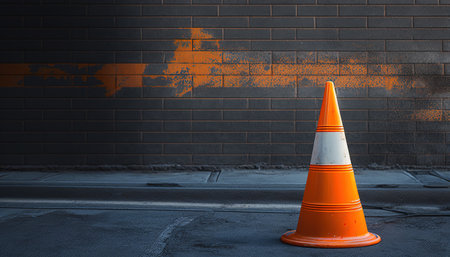 Plastic traffic cone against grunge wall with copy space, road cone and bollard standing on pavementの素材