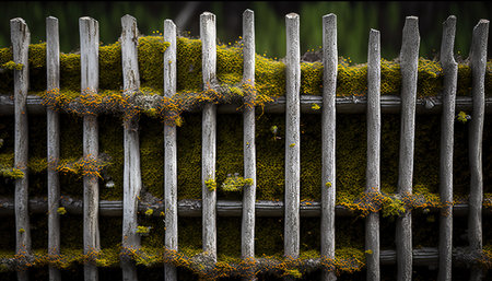 Old wooden mossy fence backgroundの素材