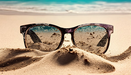 Old lost abandoned sunglasses on beach sand with turquoise Caribbean ocean in background in bright summer day. Tropical summer vacation conceptの素材