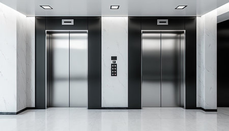 Modern minimalist business centre lobby interior with three closed steel lift doorsの素材