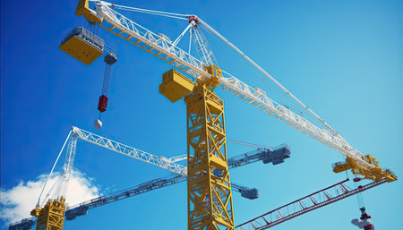 Industrial construction cranes over clear blue skyの素材