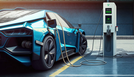 Detail of electric car on charging station dock point, power supply for electric vehicleの素材