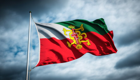 Historical Lithuanian flag waving in the wind against cloudy skyの素材