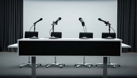 Empty conference meeting room with stand table and four microphonesの素材