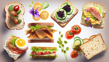 Delicious sandwiches with various ingredients isolated top viewの素材