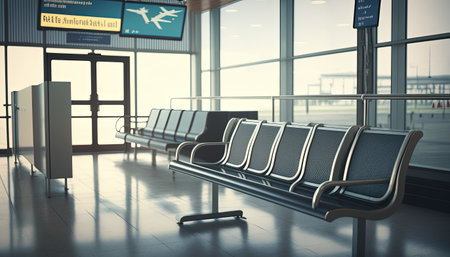 Closed boarding gate with empty seating in airport, real indoor departure terminal picture with no peopleの素材