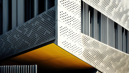 Industrial building facade detail, abstract geometric architecture, construction shapes and linesの素材