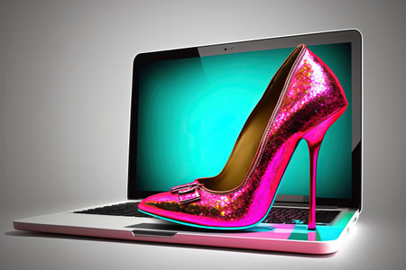 Women's laptop. High heel shoes on keyboard.の素材