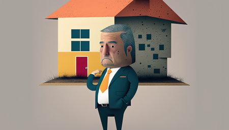 Illustration of a businessman holding a tiny house - business and working designの素材