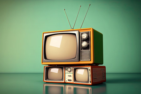 Vintage television concept. Stack of retro tv set on green backgの素材