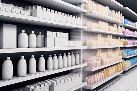 White supermarket shelves and showcases with cosmetics products, bottles, tubes, boxes, personal care products.の素材