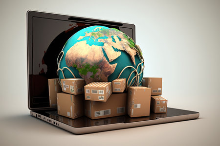 Global logistics and delivery service concept as a group of boxes on a laptop with a world globe in the screen as a metaphor for global logistics and fast shipping.の素材