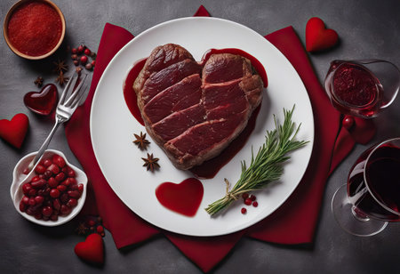 Different degrees of roasting beef steak in the shape of a heart with spices on a meat knife and bottles of red wine with glasses on a stone background. valentines day celebration conceptの素材