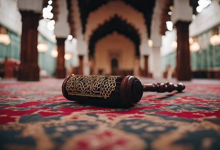 Plate with dates, coffee pot  on brown wooden table. Ramadan background.  Top view.104の素材