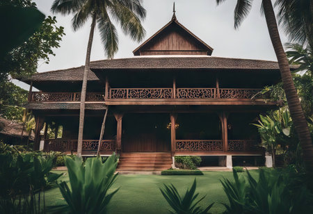 Beautiful wooden house in the tropical garden, Thailand. Vintage style.の素材