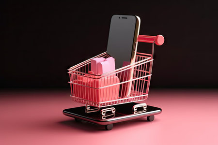 3D Shopping online business , shopping baskets and parcel box , smartphone for online delivery in shopping trolley cart supermarket ,の素材