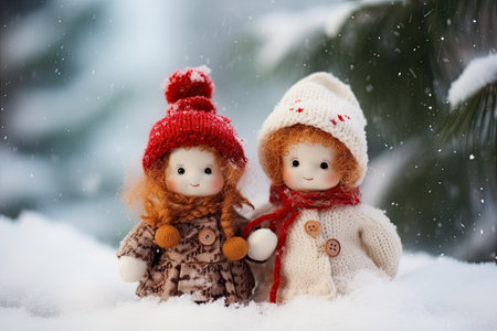 Two little doll girls in the snow, wintertime, christmas season, greeting card, trees in the backgroundの素材