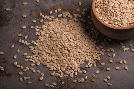 Sesame seeds on a brown textured background, healthy foodの素材