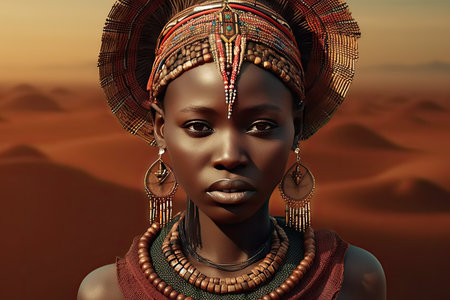 Portrait of traditional african native tribe woman in the desert, jewellery like big necklace and earings,の素材