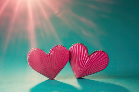 Pink hearts on a turqouise background with sunbeams, valentine greeting card, mothers day and birthday wishes, love symbolの素材