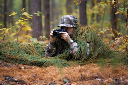 Photographer wearing camouflage clothing in the forest, wildlife animal photography with a camera and telephoto lensの素材